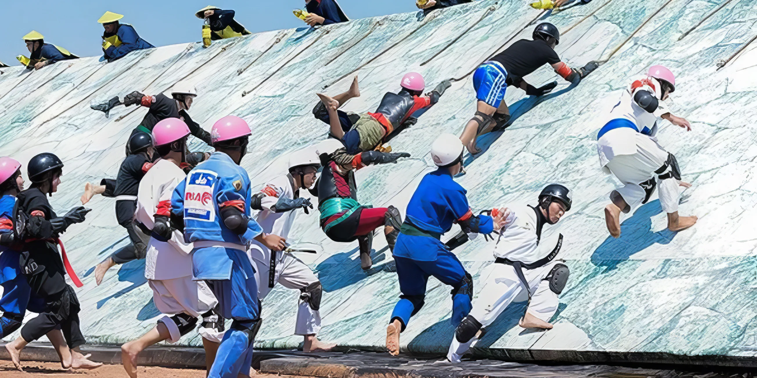 A group of contestants attempt to climb up a tall, slippery slope - Takeshi's Castle Thailand